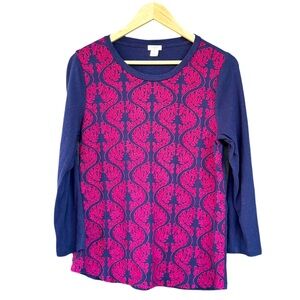 J. Crew Embroidered-Front 3/4 Leather-Sleeve Striped Draped Henley Tunic T-Shirt